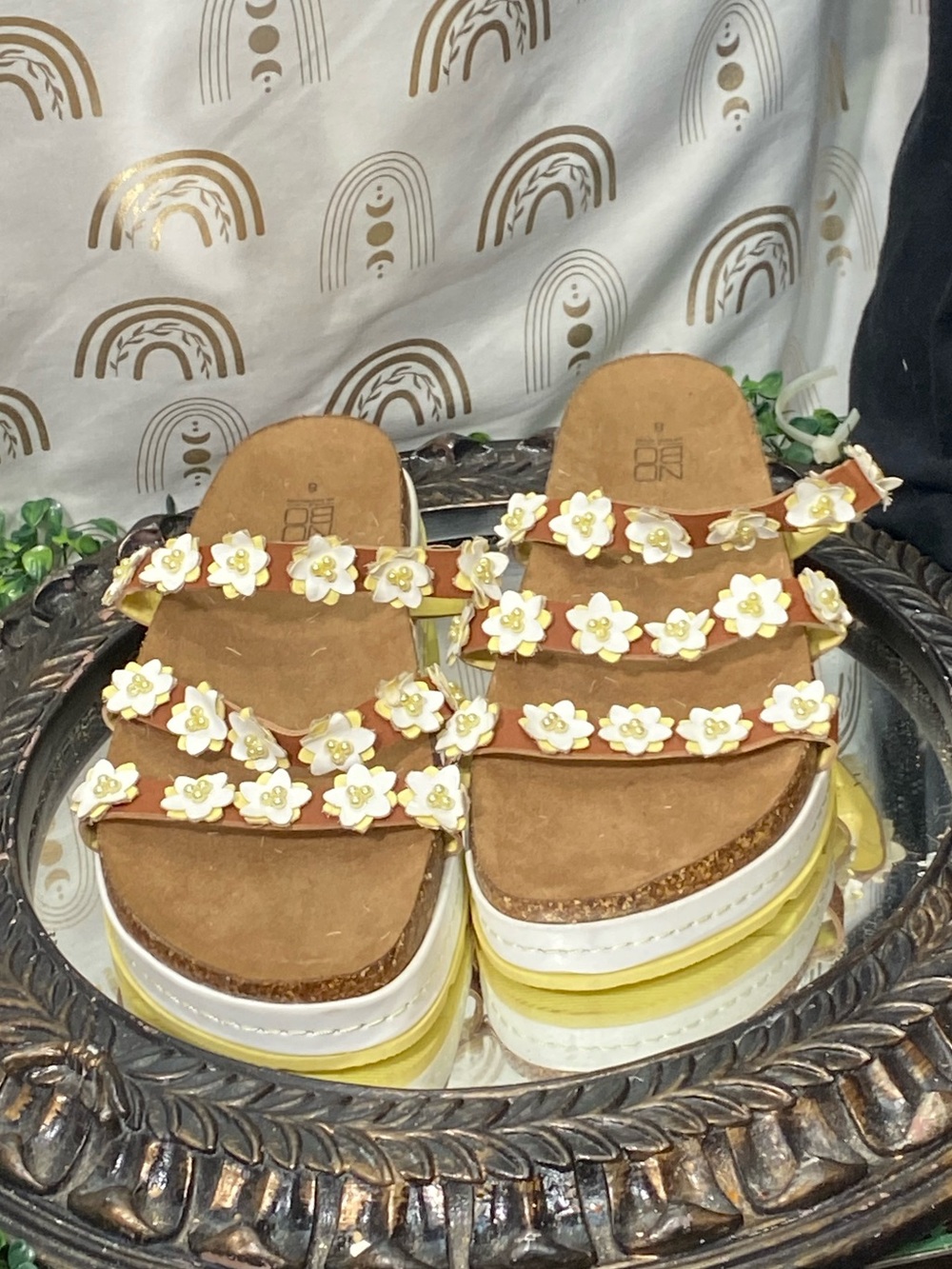 NOBO Brown Platform Sandals with White Floral Straps